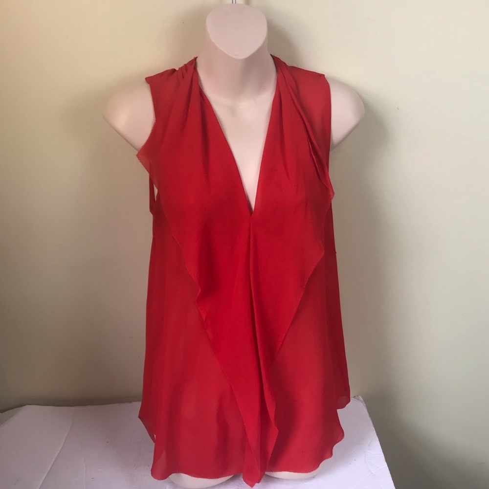 Aritzia Babaton Ainsley Silk Ruffle Sleeveless Blouse Top V Neck Flowy Red Sheer